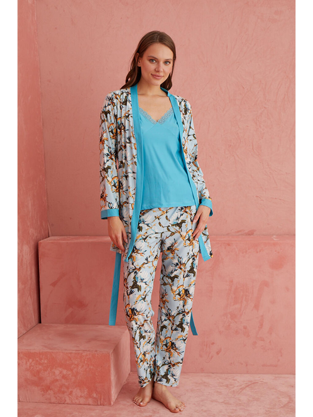 Turkuaz Yaprak Desenli Exclusive Örme Sabahlıklı Pijama Takımı-1