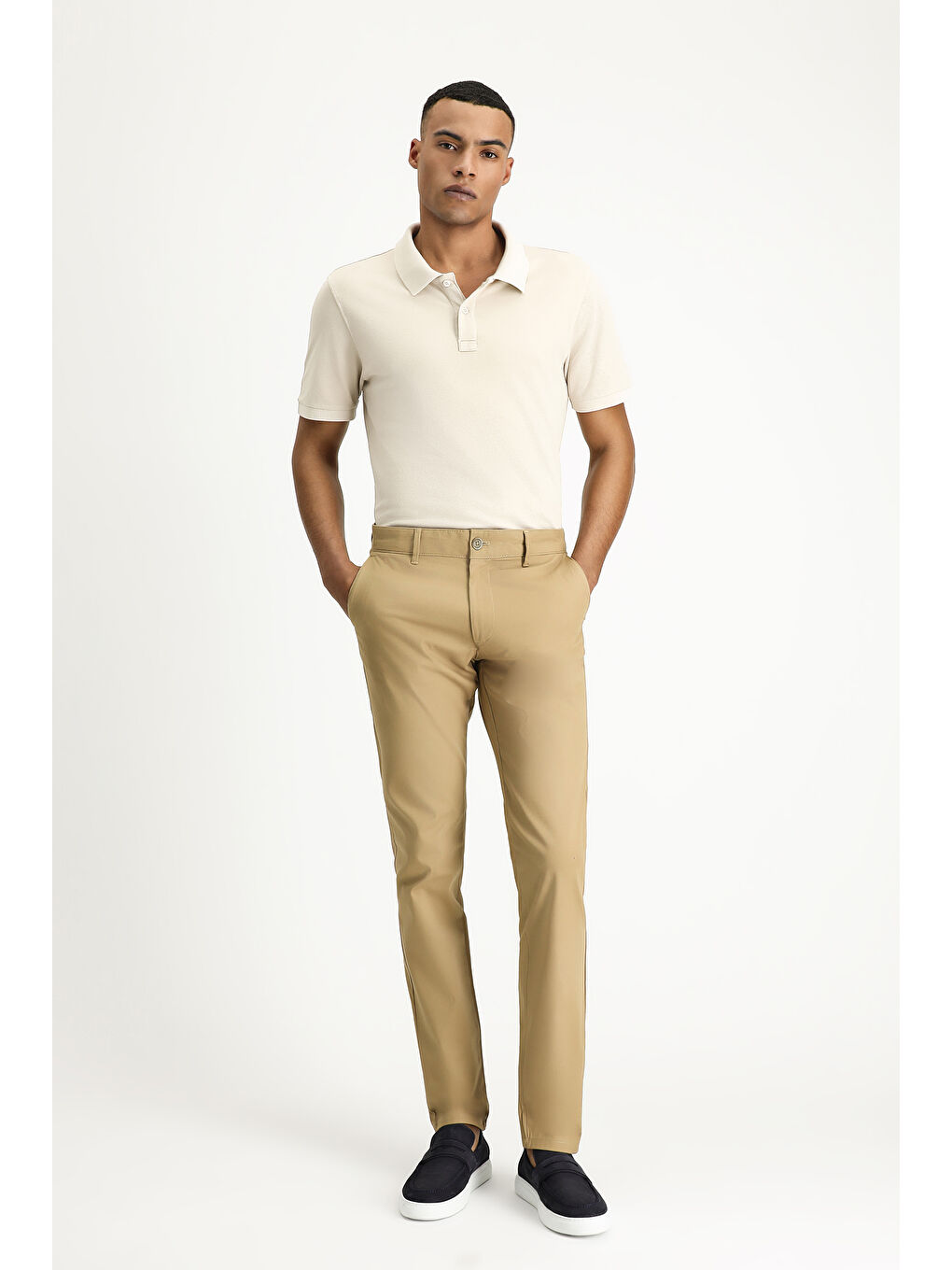 Bej Slim Fit Dar Kesim Desenli Elastanlı Kanvas / Chino Pantolon