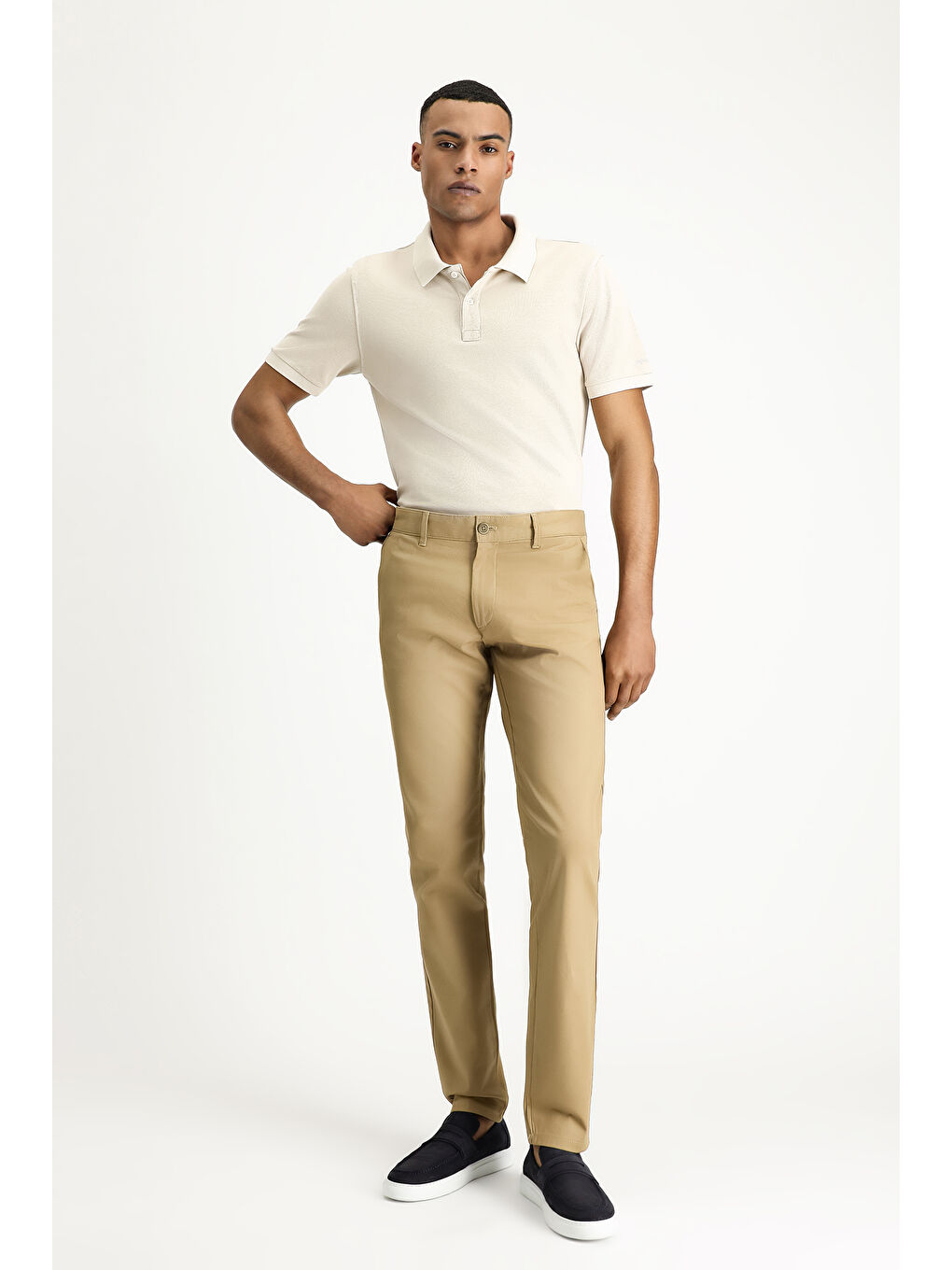 Bej Slim Fit Dar Kesim Desenli Elastanlı Kanvas / Chino Pantolon-1