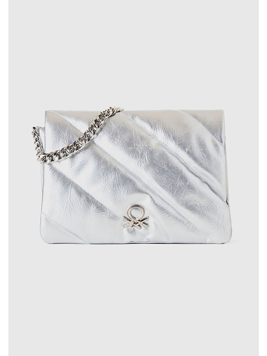 Gri Kadın Gümüş Metal Zincirli Logo Detaylı Kapitone Omuz Çantası