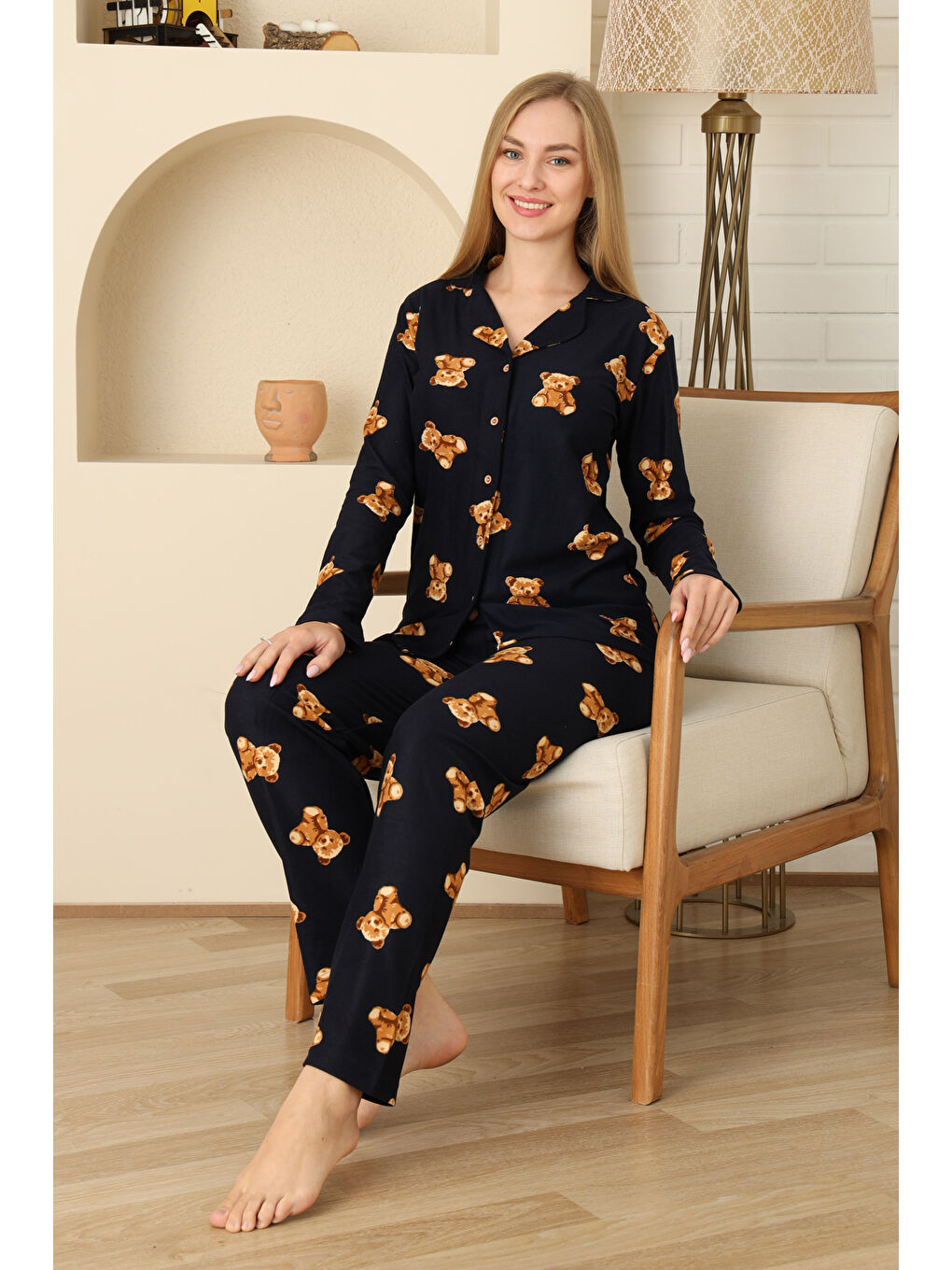 Lacivert Kadın Pijama Takımı %100 Pamuk-Pat Yakalı ve Düğme Kapamalı 12309