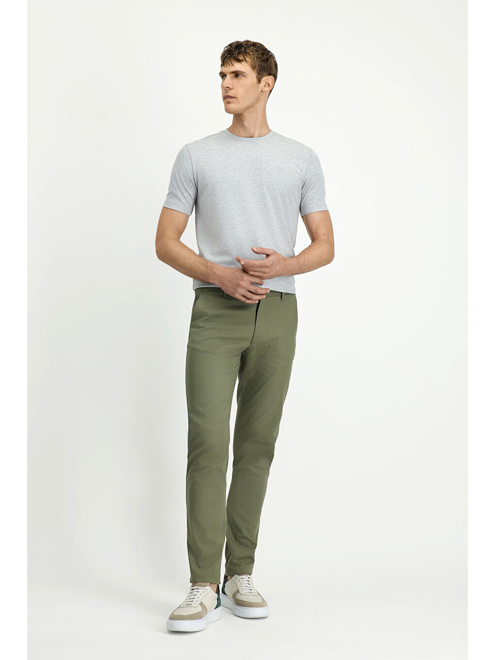 Haki Relaxed Fit Rahat Kesim Desenli Elastanlı Kanvas / Chino Pantolon-1