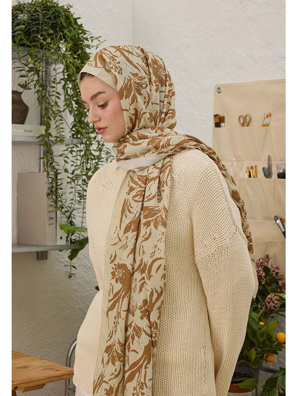 Kahverengi Vıolet Desen Şal Camel-1