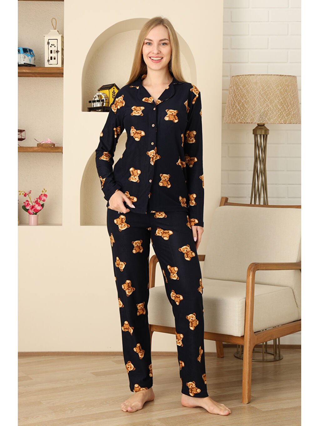 Lacivert Kadın Pijama Takımı %100 Pamuk-Pat Yakalı ve Düğme Kapamalı 12309-1