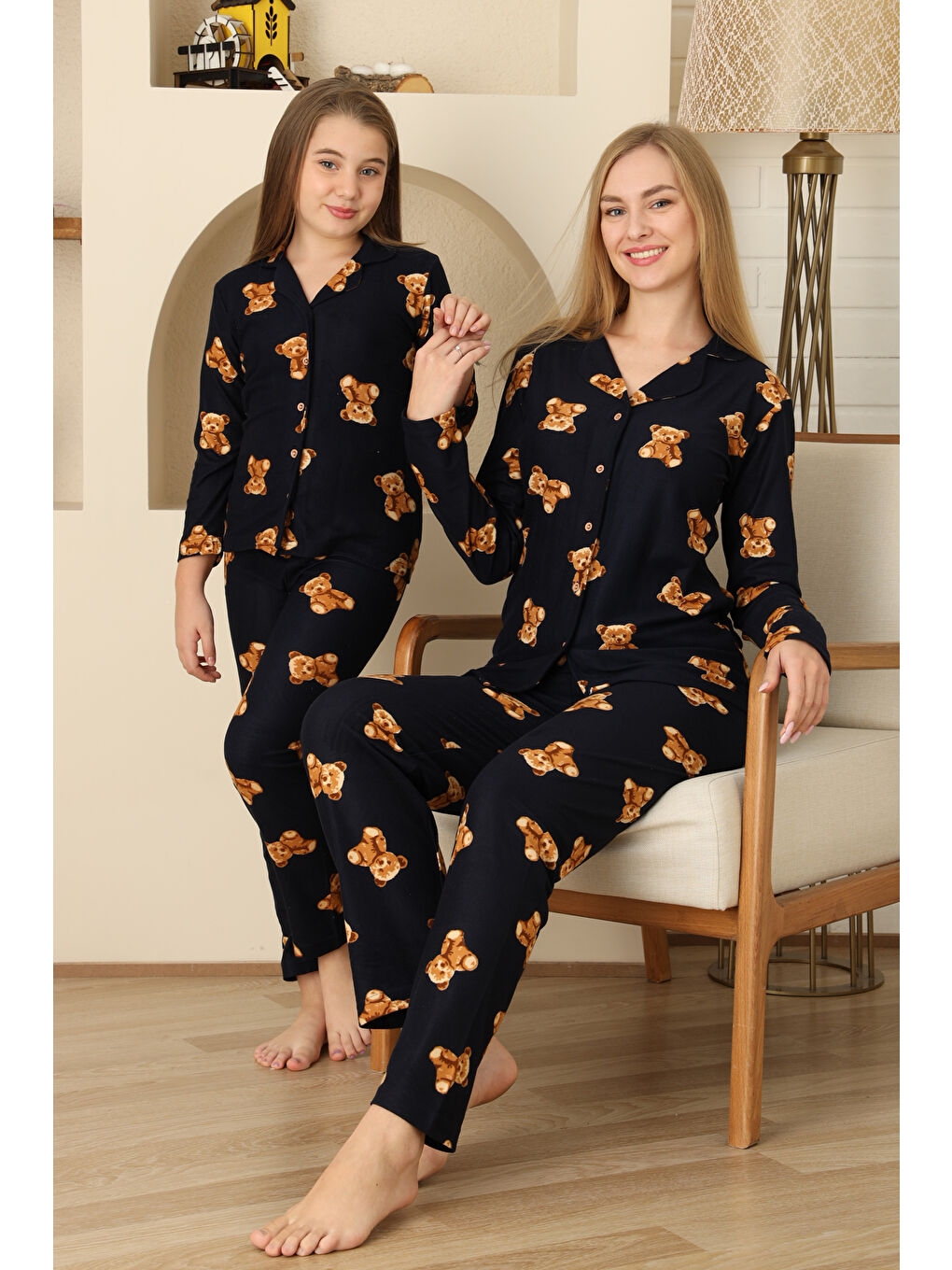 Lacivert Kadın Pijama Takımı %100 Pamuk-Pat Yakalı ve Düğme Kapamalı 12309-2