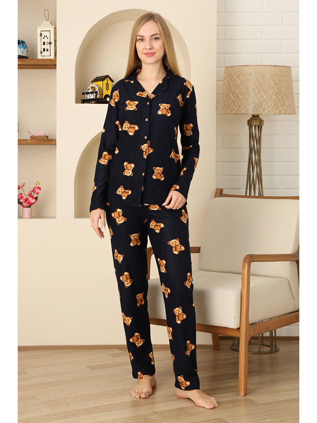 Lacivert Kadın Pijama Takımı %100 Pamuk-Pat Yakalı ve Düğme Kapamalı 12309-3