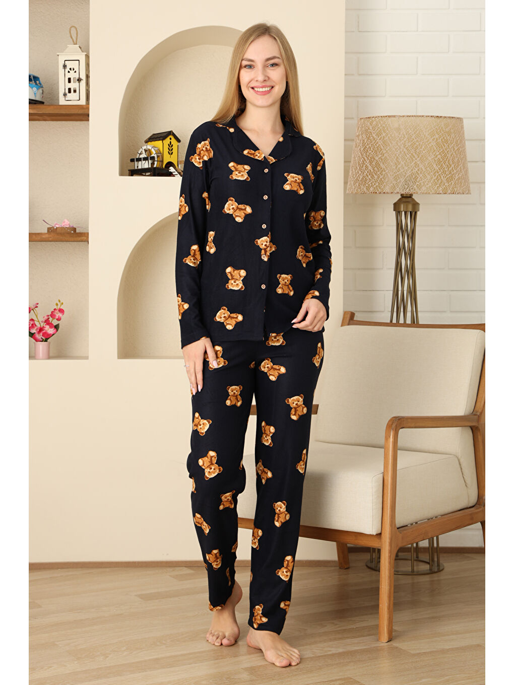 Lacivert Kadın Pijama Takımı %100 Pamuk-Pat Yakalı ve Düğme Kapamalı 12309-4