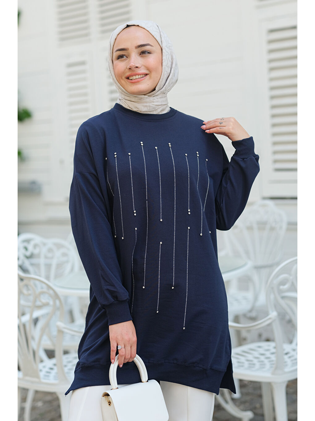 Locco Moda Lacivert Taş Aksesuarlı Tunik Lacivert - 2