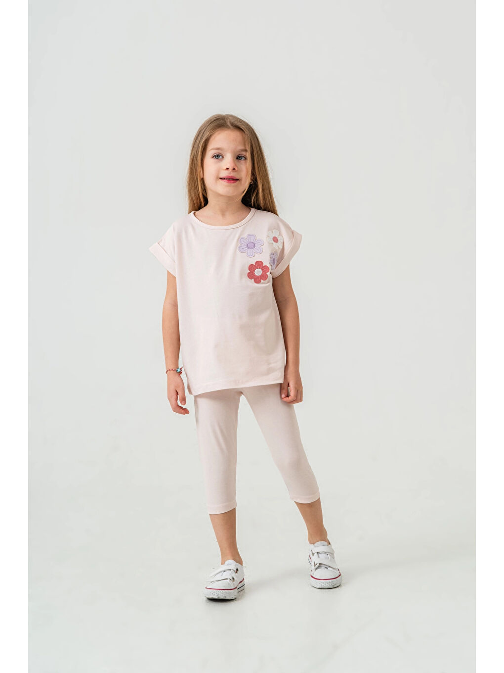 Pembe Çiçek Aplikeli Kız Çocuk Takımı 50362-2