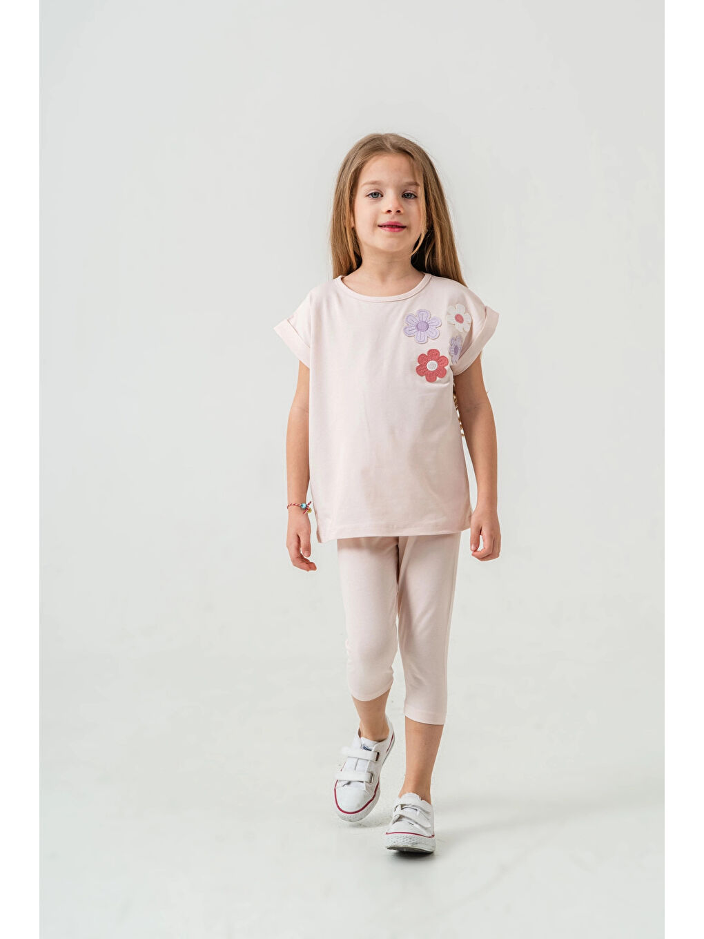 Pembe Çiçek Aplikeli Kız Çocuk Takımı 50362-3