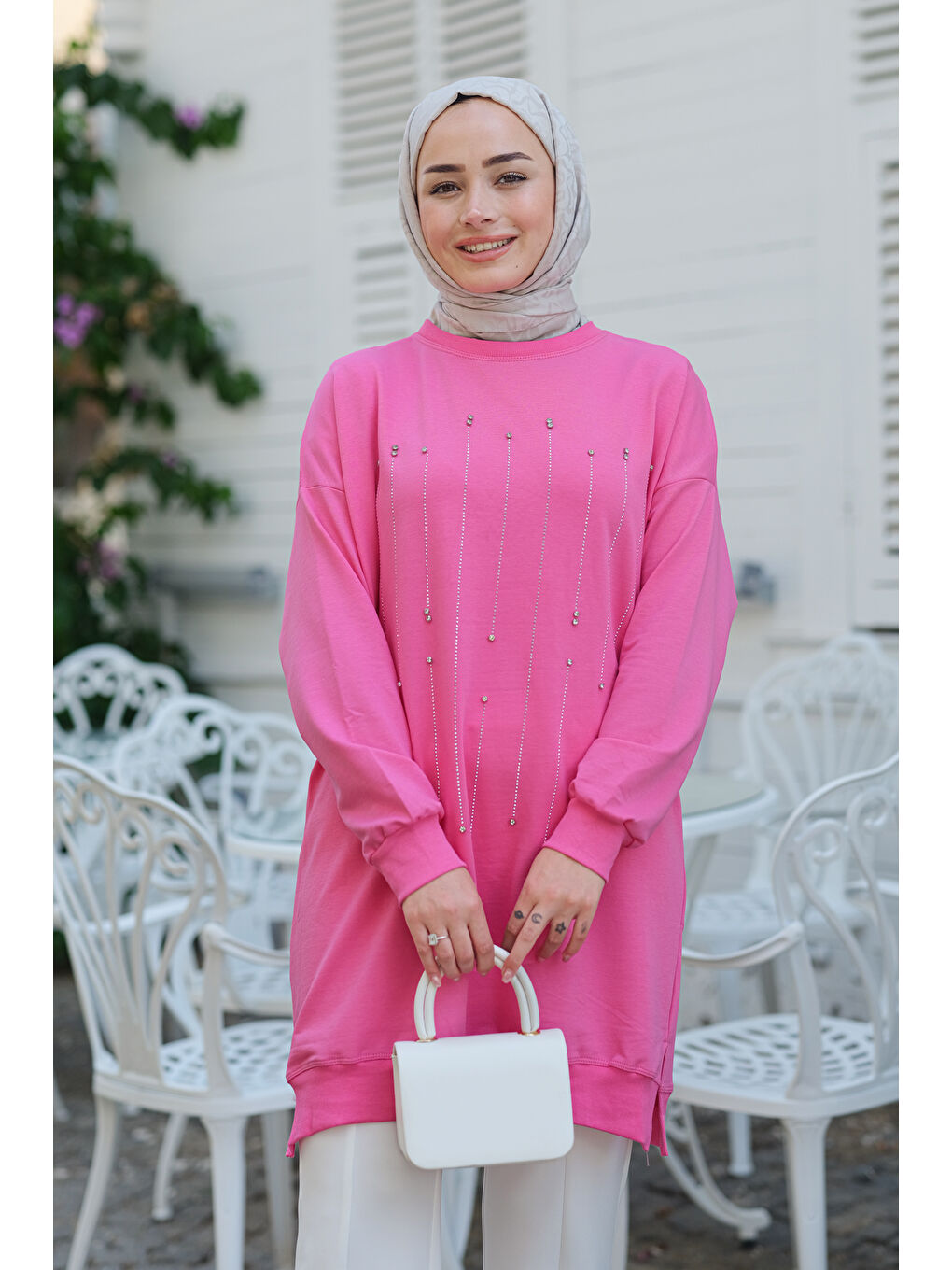 Locco Moda Pembe Taş Aksesuarlı Tunik Pembe - 1