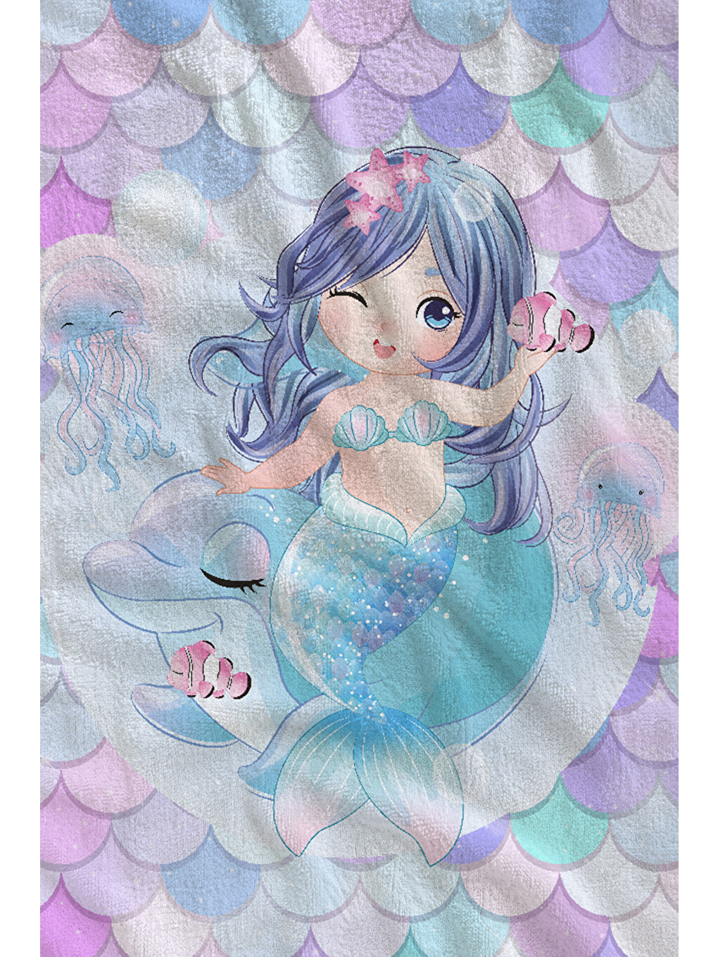 Mavi Pastel Denizkızı Pulları Ve Kız Figürlü 70x150 Cm Dijital Baskılı Plaj Ve Banyo Havlusu-1