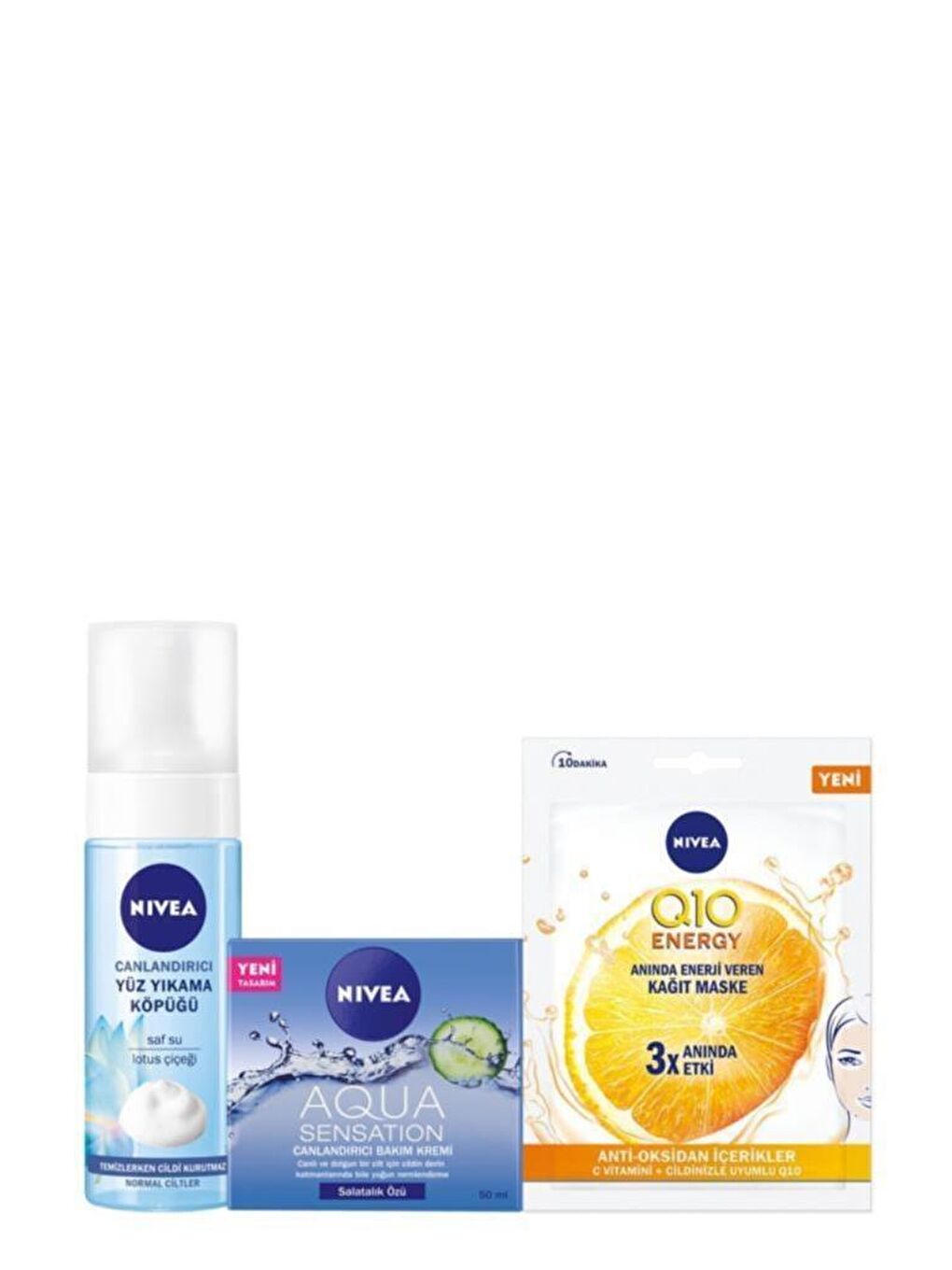 NIVEA Yüz Temizleme Köpüğü 150 ml Normal Ciltler Için+Aqua Sensatıon Krem + Q10 Kağıt Maske