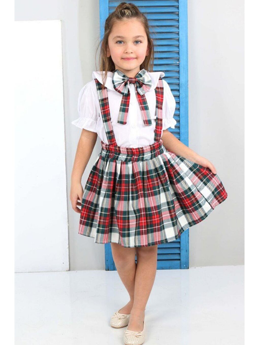 Kız Çocuk Ekose Desenli Fiyonk Detaylı Kırmızı Etekli Salopet 2-12 Yaş