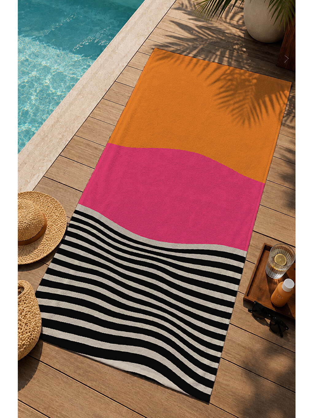 Milbay Grup Turuncu Pembe Siyah Renk Bloklu Çizgili 70x150 Cm Dijital Plaj Ve Banyo Havlusu-37396-1