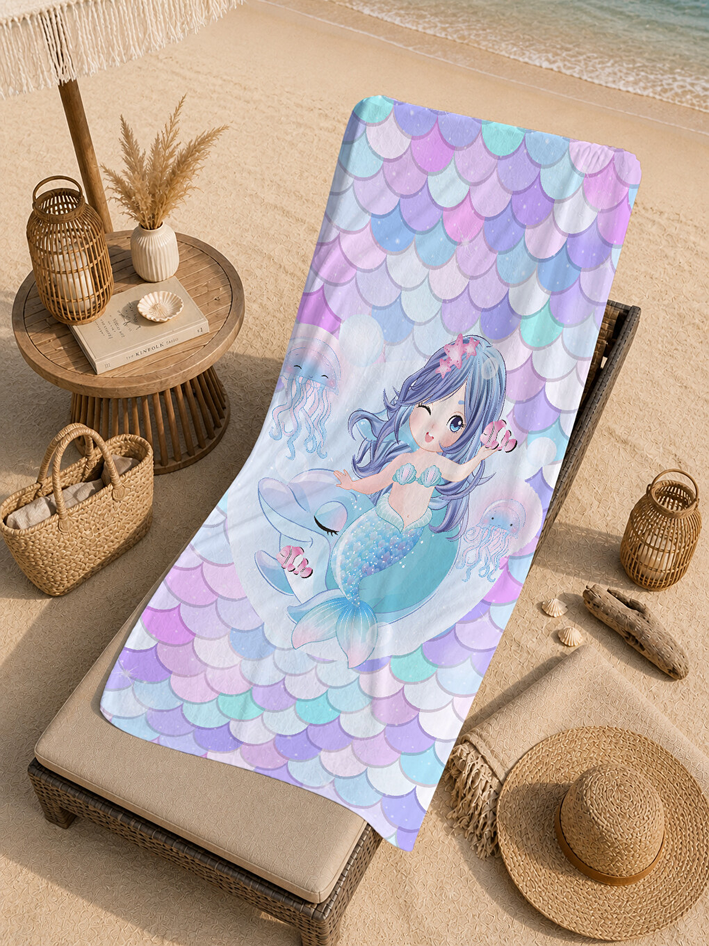 Mavi Pastel Denizkızı Pulları Ve Kız Figürlü 70x150 Cm Dijital Baskılı Plaj Ve Banyo Havlusu-4
