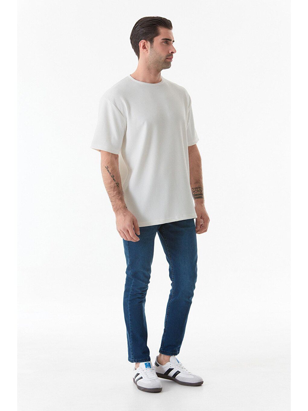 Ekru Basic Fitilli Bisiklet Yaka Tişört-1