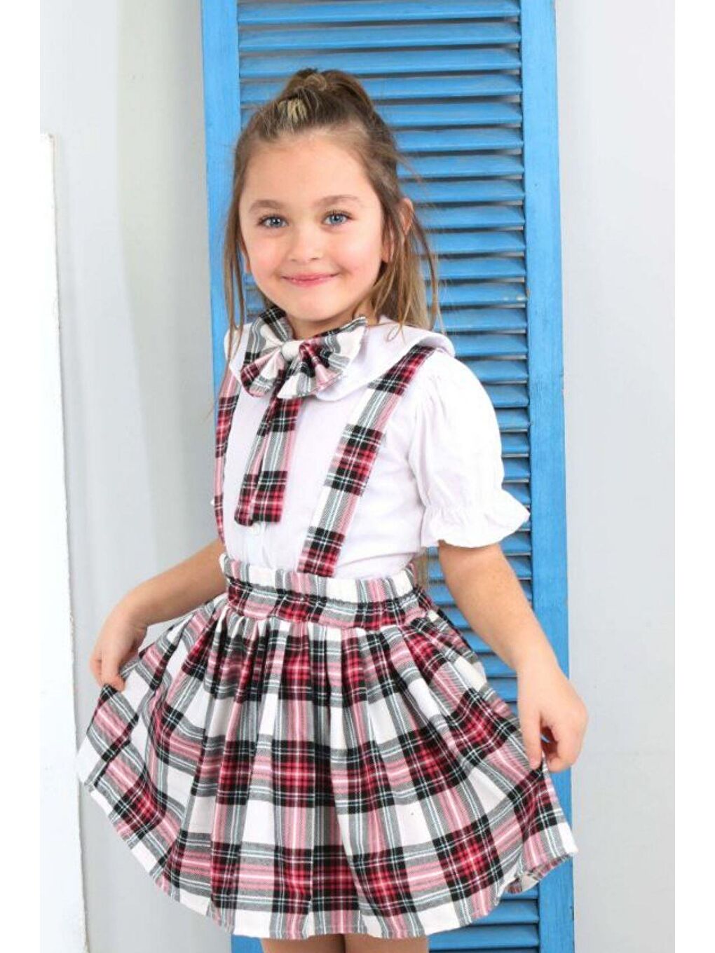 Kız Çocuk Ekose Desenli Fiyonk Detaylı Kırmızı Etekli Salopet 2-12 Yaş-1