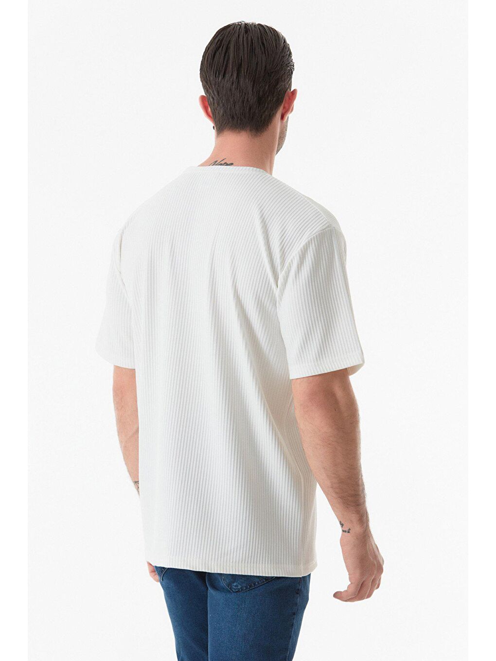 Ekru Basic Fitilli Bisiklet Yaka Tişört-2