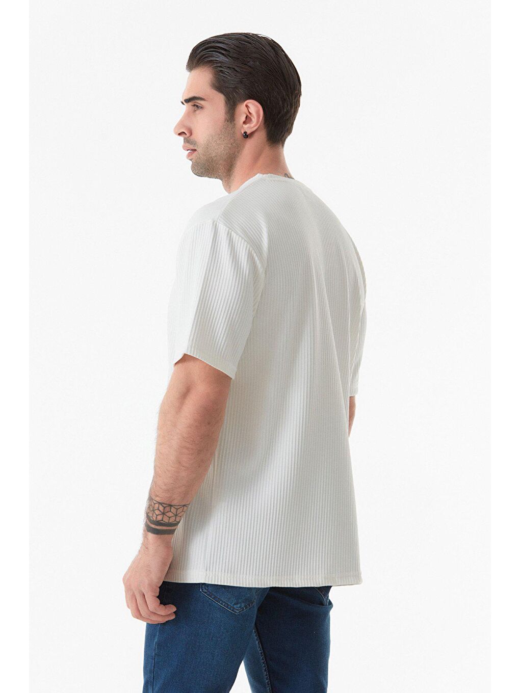 Ekru Basic Fitilli Bisiklet Yaka Tişört-3