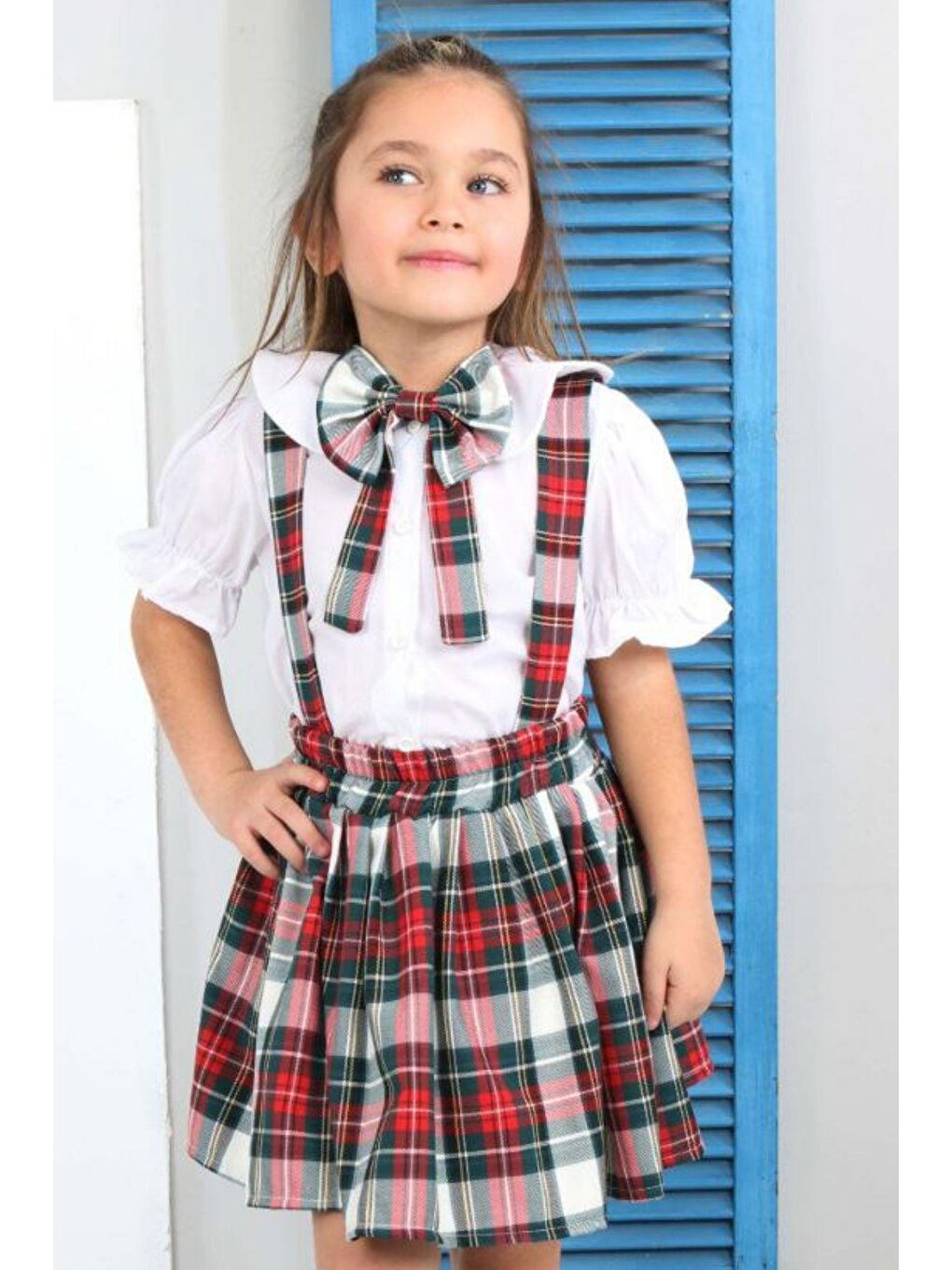 Kız Çocuk Ekose Desenli Fiyonk Detaylı Kırmızı Etekli Salopet 2-12 Yaş-2