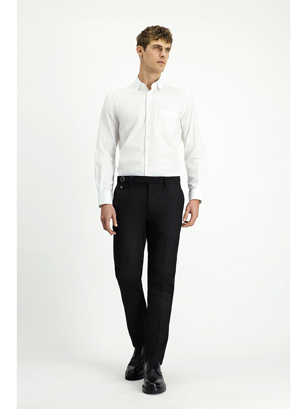 Siyah Slim Fit Dar Kesim Elastanlı Desenli Tokalı Pileli Klasik Kumaş Pantolon-1