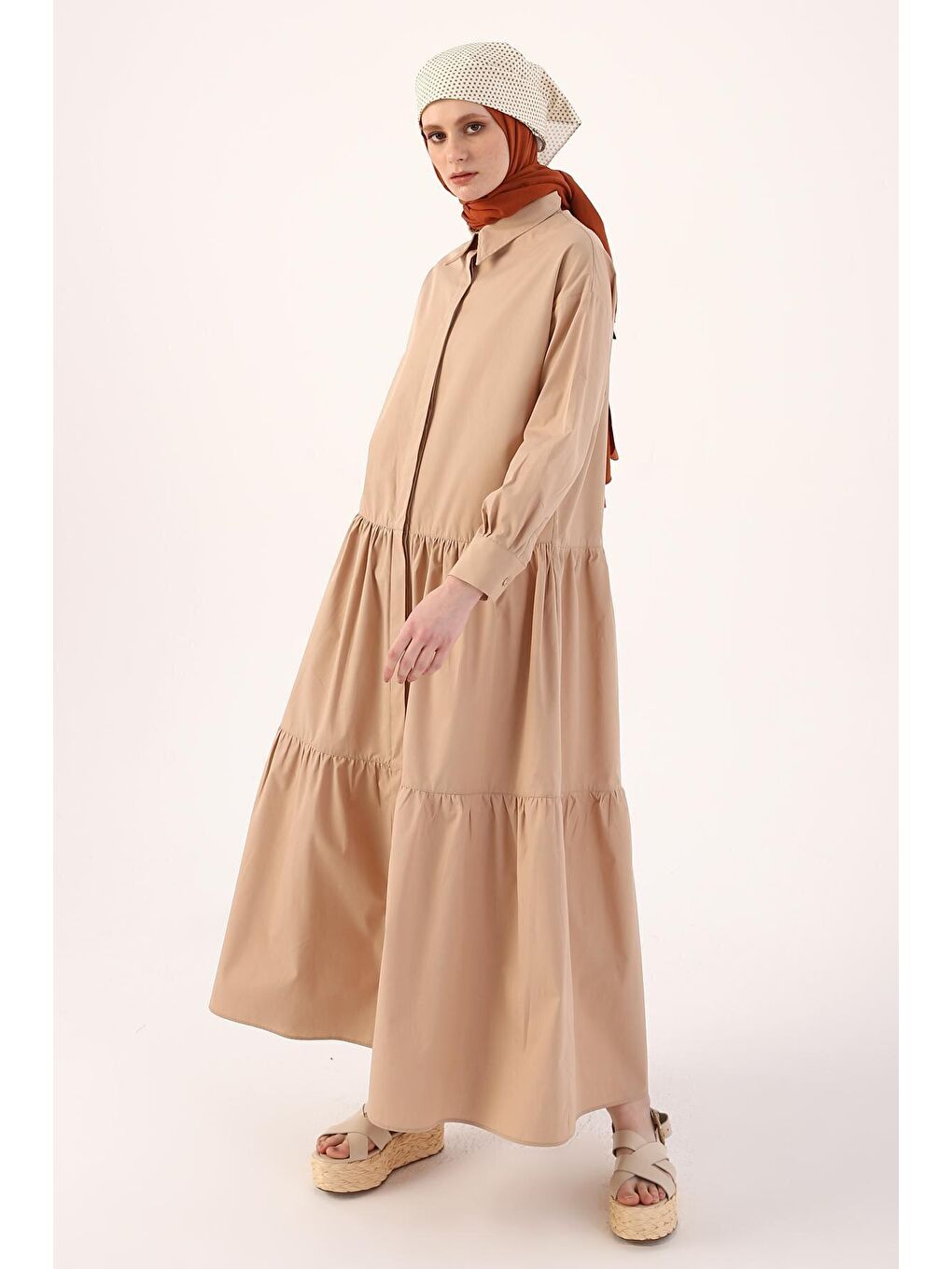 Bej Camel %100 Pamuk Büzgülü Gömlek Elbise
