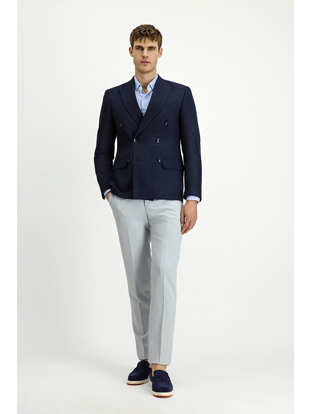 Lacivert Dar Kesim Desenli Kruvaze Blazer Ceket-1