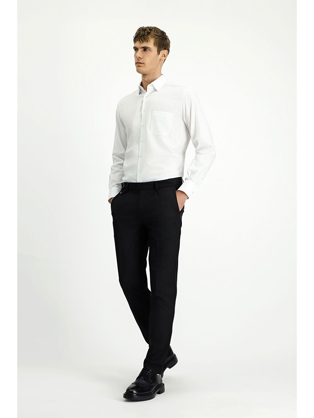 Siyah Slim Fit Dar Kesim Elastanlı Desenli Tokalı Pileli Klasik Kumaş Pantolon-2