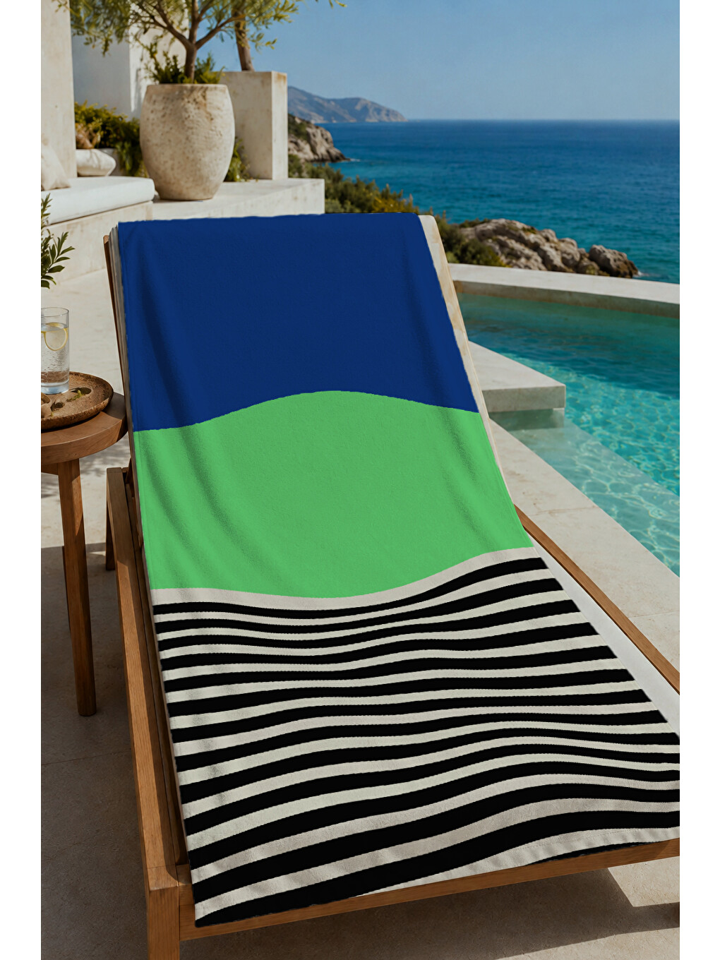 Milbay Grup Lacivert Mint Siyah Renk Bloklu Çizgili 70x150 Cm Dijital Plaj Ve Banyo Havlusu-37355