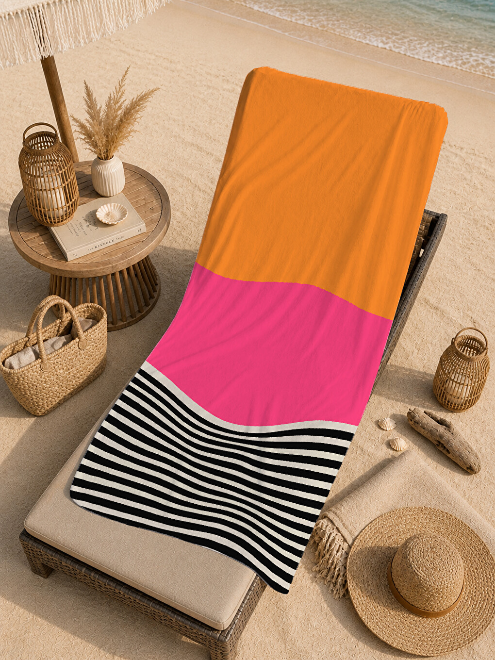 Milbay Grup Turuncu Pembe Siyah Renk Bloklu Çizgili 70x150 Cm Dijital Plaj Ve Banyo Havlusu-37396-3