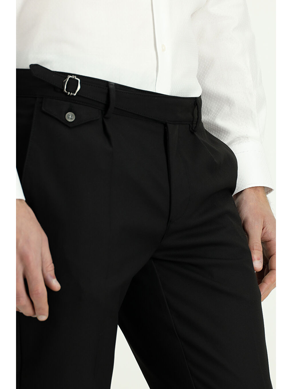 Siyah Slim Fit Dar Kesim Elastanlı Desenli Tokalı Pileli Klasik Kumaş Pantolon-4