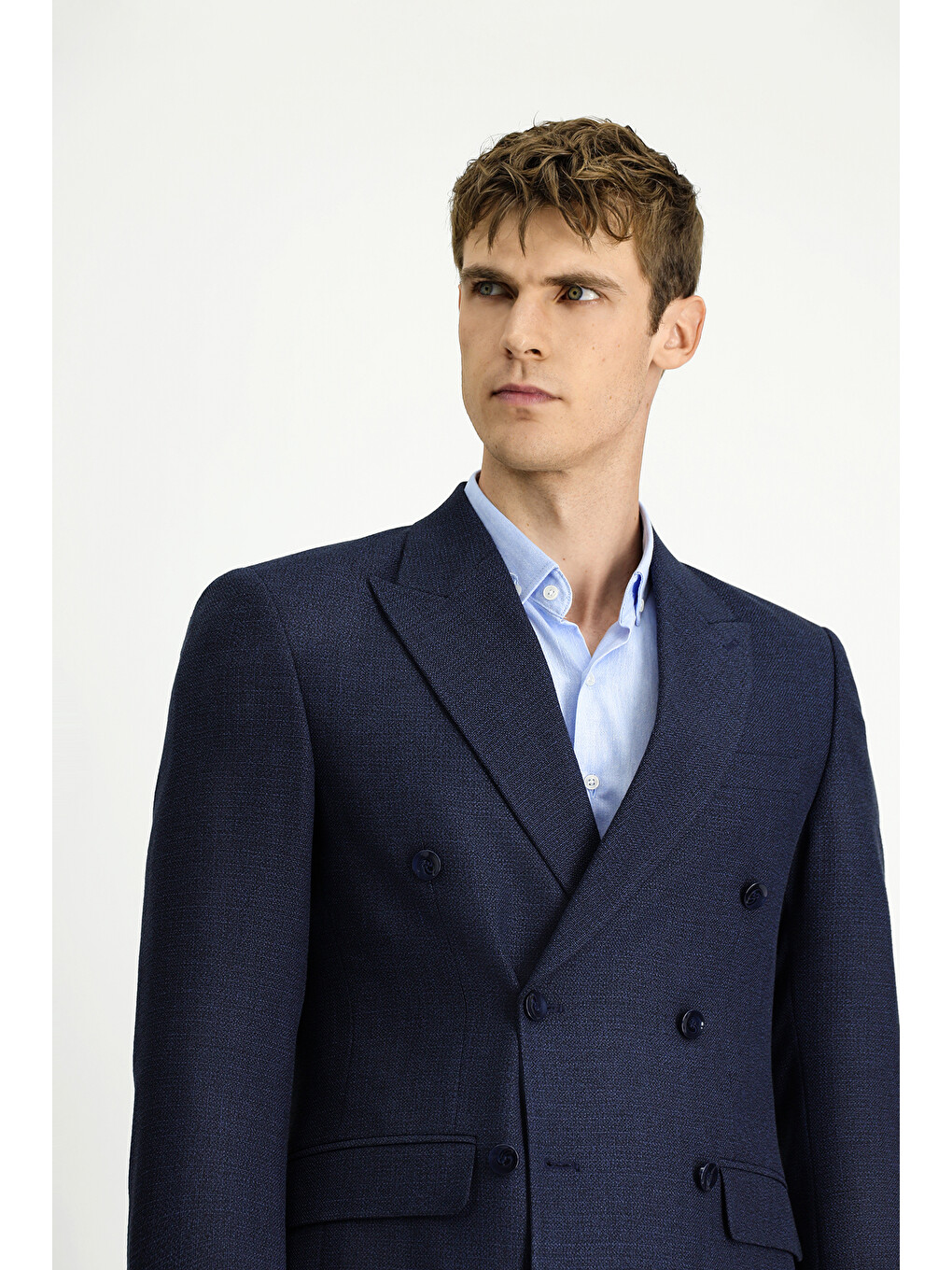Lacivert Dar Kesim Desenli Kruvaze Blazer Ceket-2