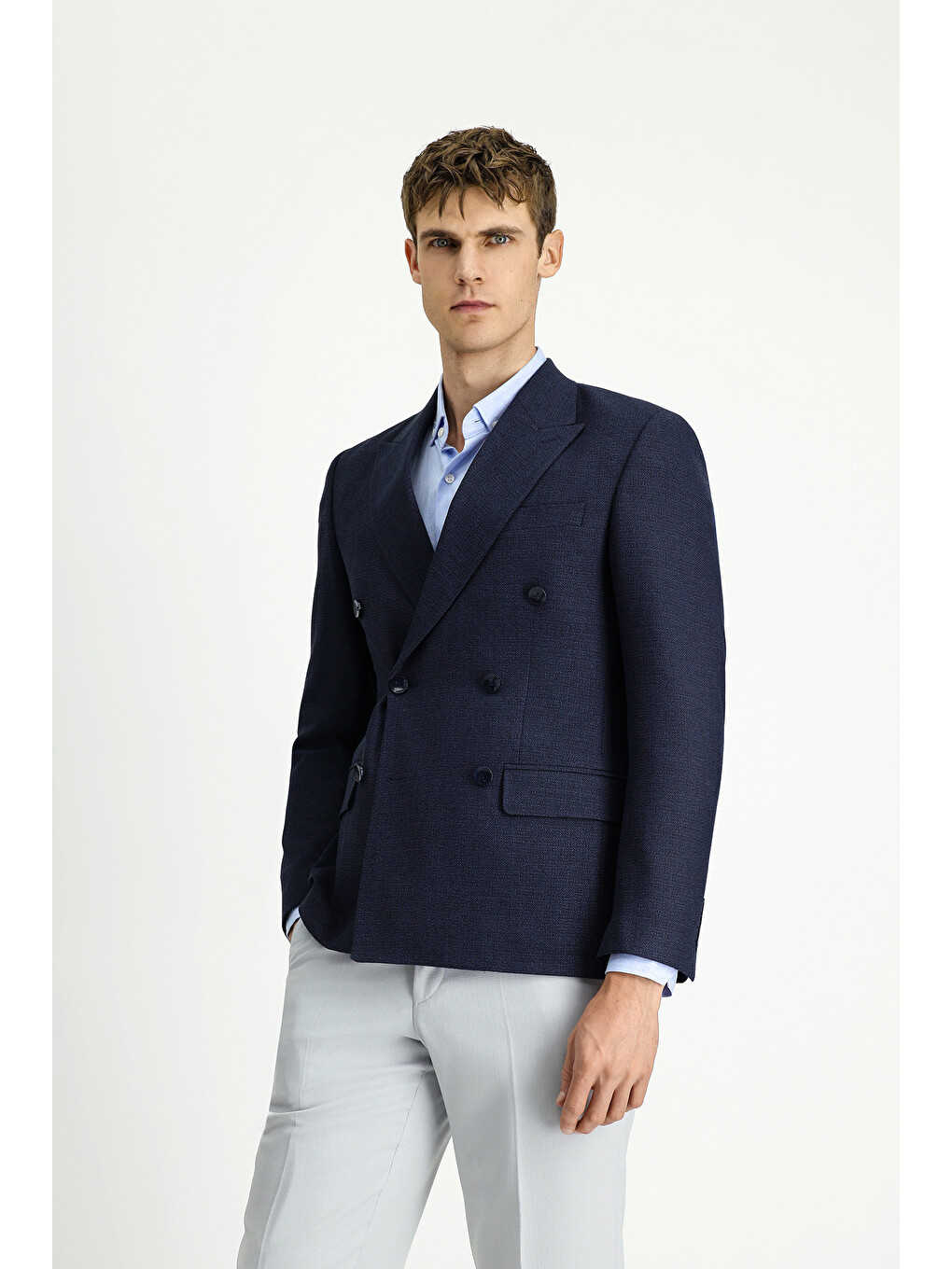Lacivert Dar Kesim Desenli Kruvaze Blazer Ceket-3