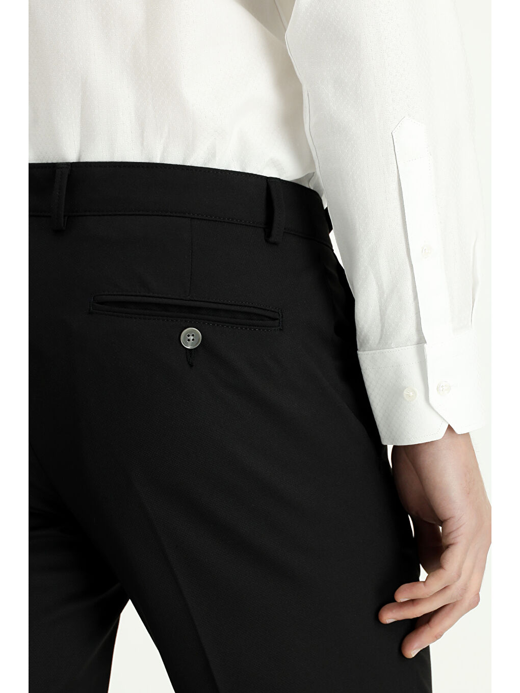 Siyah Slim Fit Dar Kesim Elastanlı Desenli Tokalı Pileli Klasik Kumaş Pantolon-5