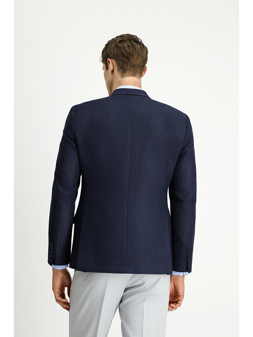 Lacivert Dar Kesim Desenli Kruvaze Blazer Ceket-4
