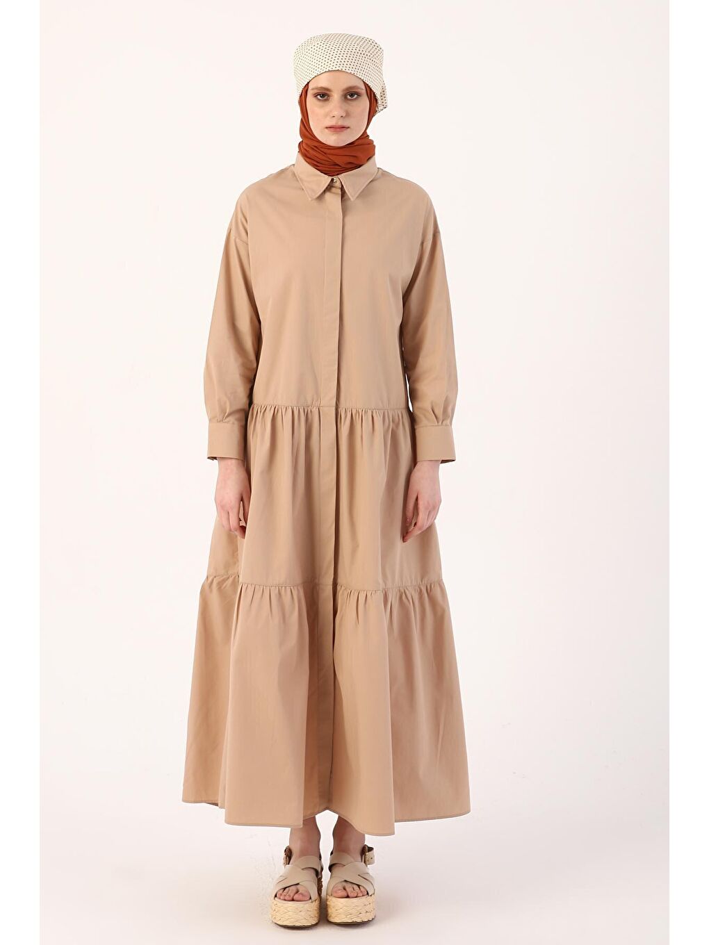 Bej Camel %100 Pamuk Büzgülü Gömlek Elbise-1