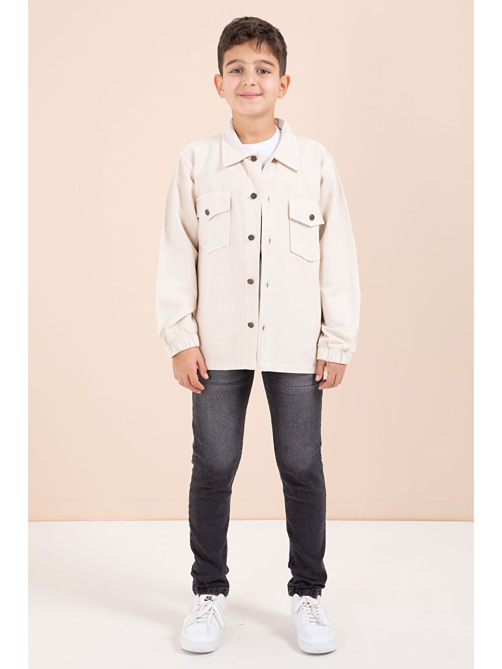 Ekru Krem Düğmeli Cepli Gömlekli Jean Pantolonlu Erkek Çocuk 3lü Takım 23635-1
