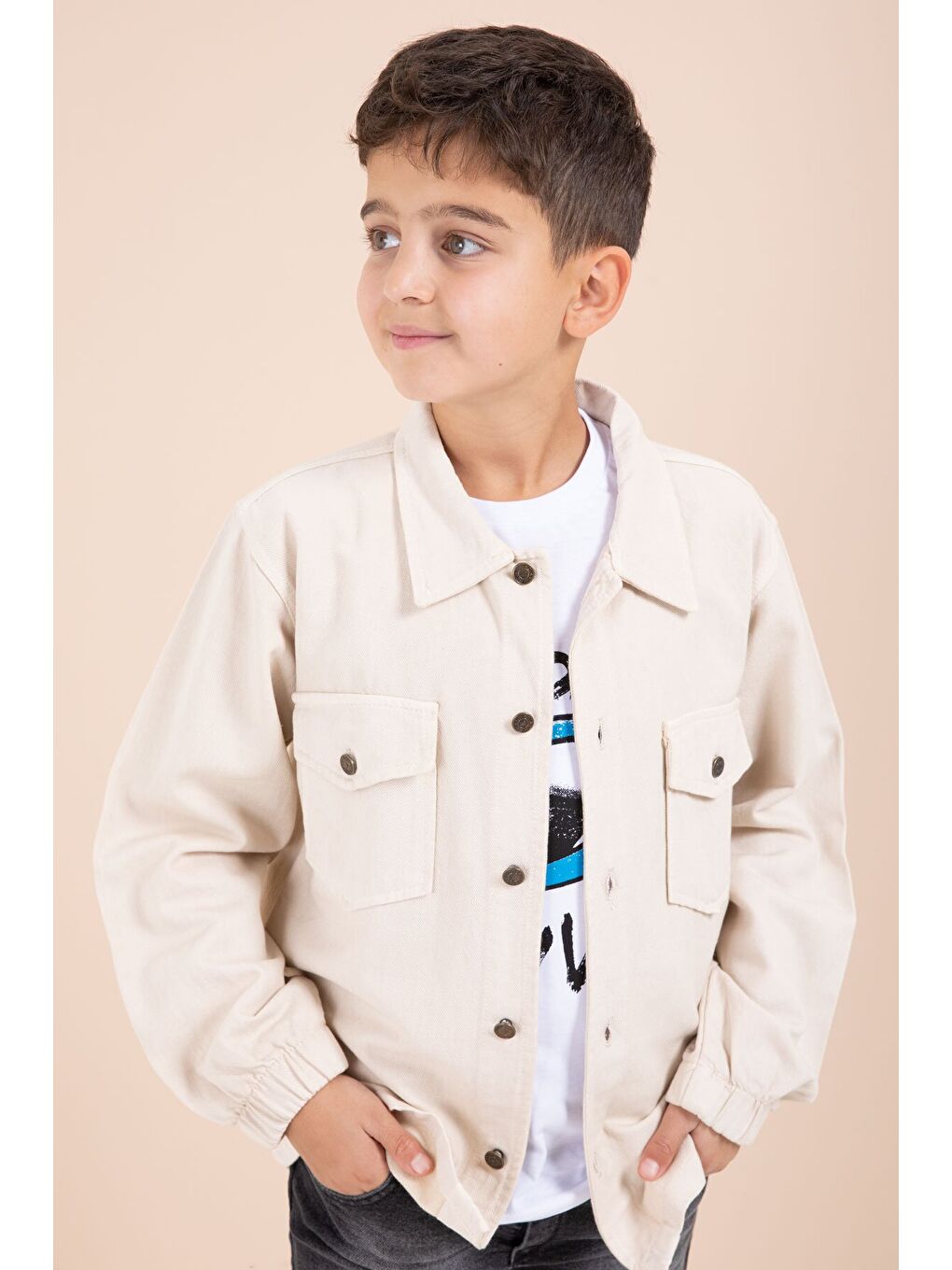 Ekru Krem Düğmeli Cepli Gömlekli Jean Pantolonlu Erkek Çocuk 3lü Takım 23635-2