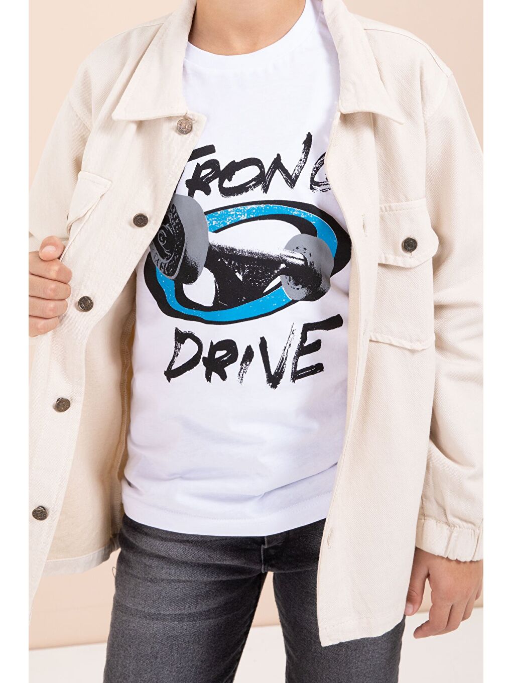 Ekru Krem Düğmeli Cepli Gömlekli Jean Pantolonlu Erkek Çocuk 3lü Takım 23635-3