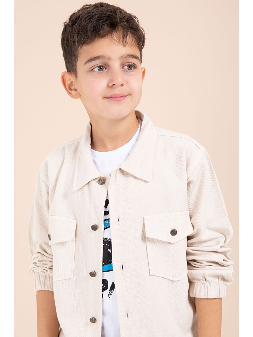 Ekru Krem Düğmeli Cepli Gömlekli Jean Pantolonlu Erkek Çocuk 3lü Takım 23635-4