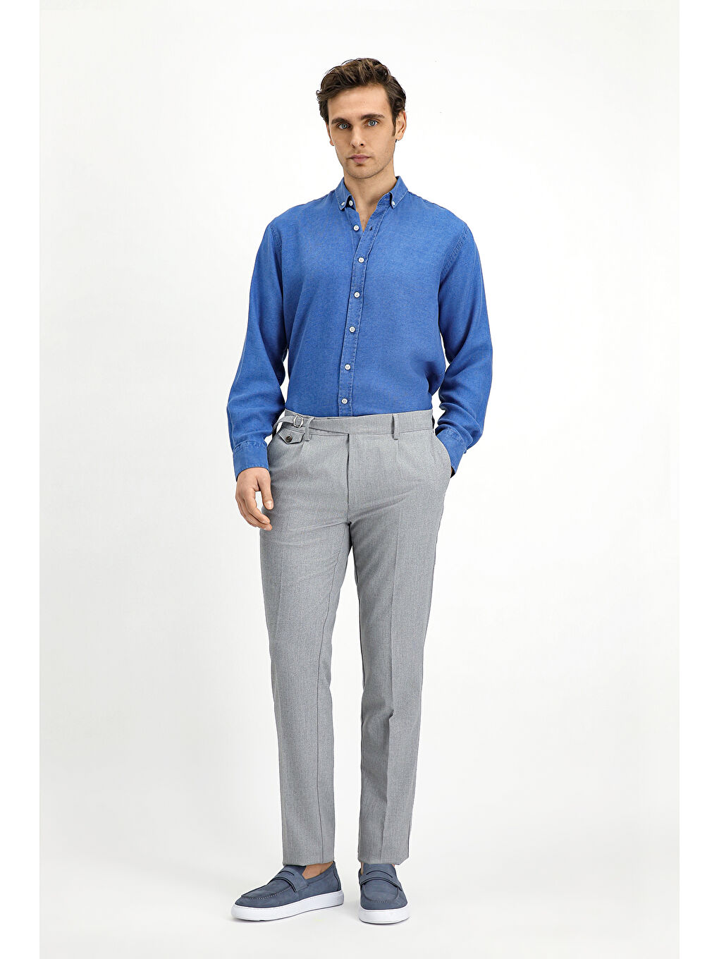 Gri Slim Fit Dar Kesim Elastanlı Desenli Tokalı Pileli Klasik Kumaş Pantolon-1