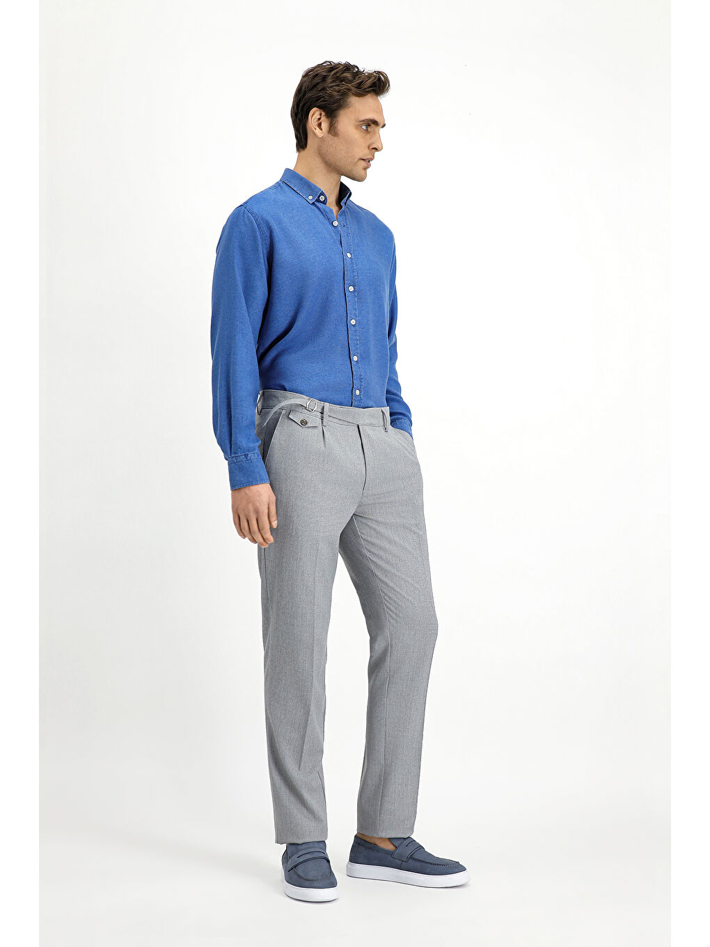 Gri Slim Fit Dar Kesim Elastanlı Desenli Tokalı Pileli Klasik Kumaş Pantolon-2