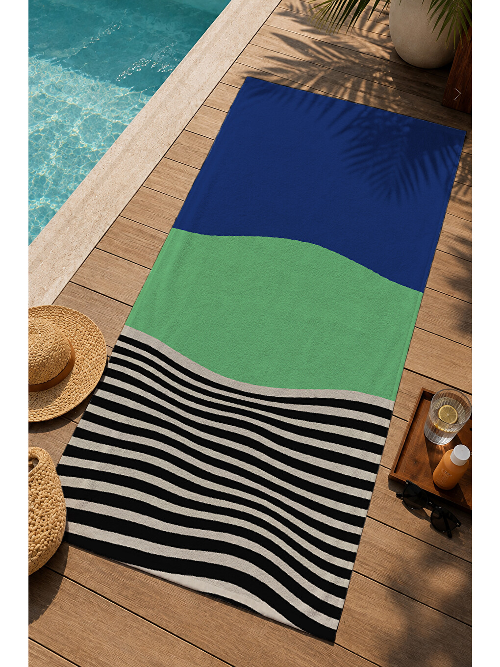 Milbay Grup Lacivert Mint Siyah Renk Bloklu Çizgili 70x150 Cm Dijital Plaj Ve Banyo Havlusu-37355-2