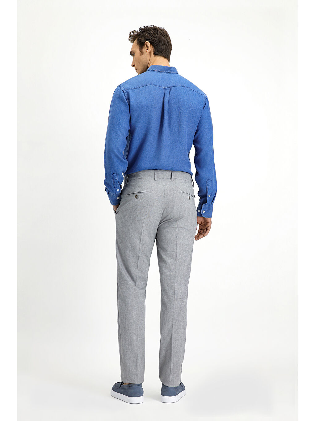 Gri Slim Fit Dar Kesim Elastanlı Desenli Tokalı Pileli Klasik Kumaş Pantolon-3