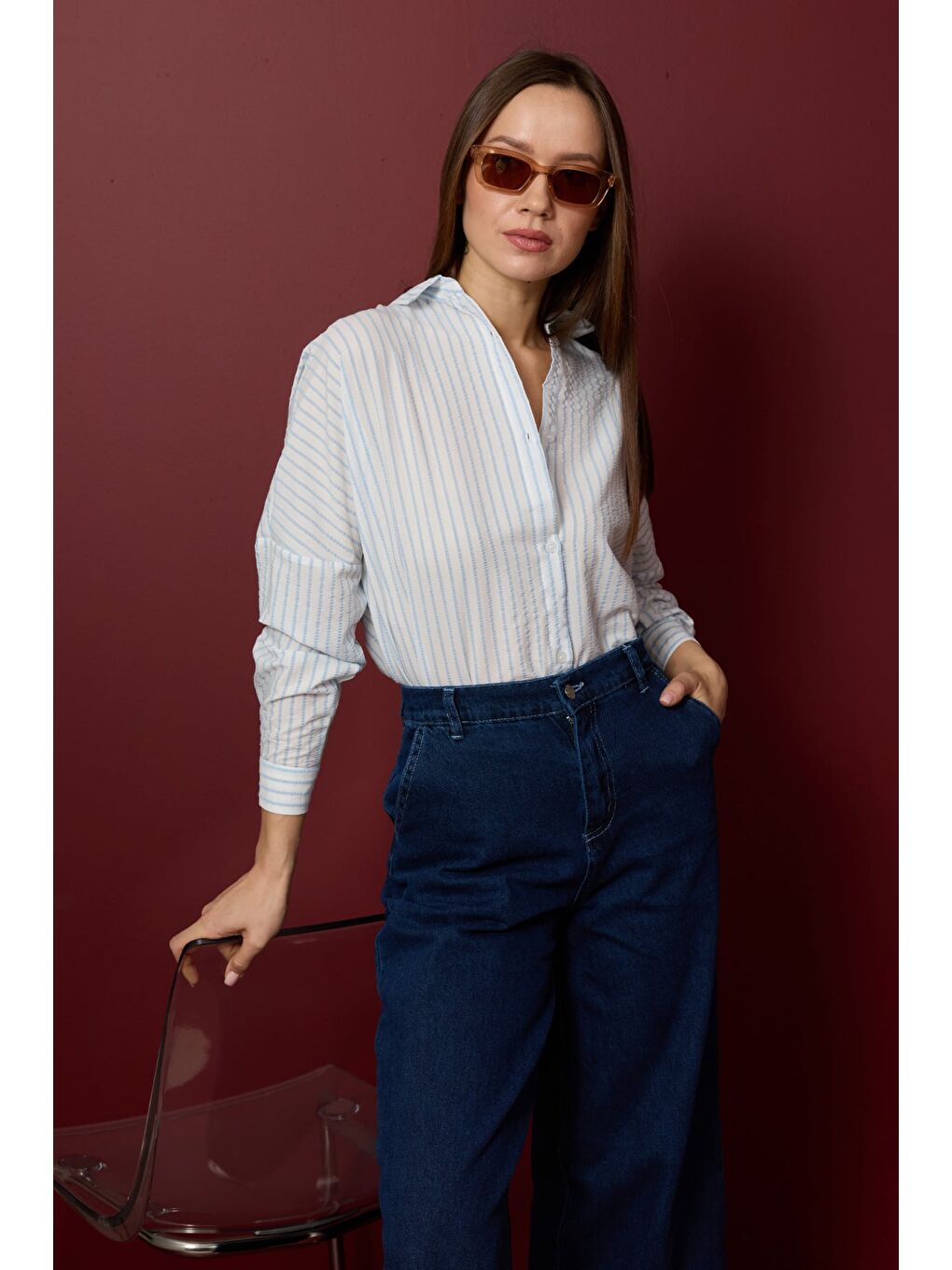 Mavi Çizgili Oversize Gömlek-1
