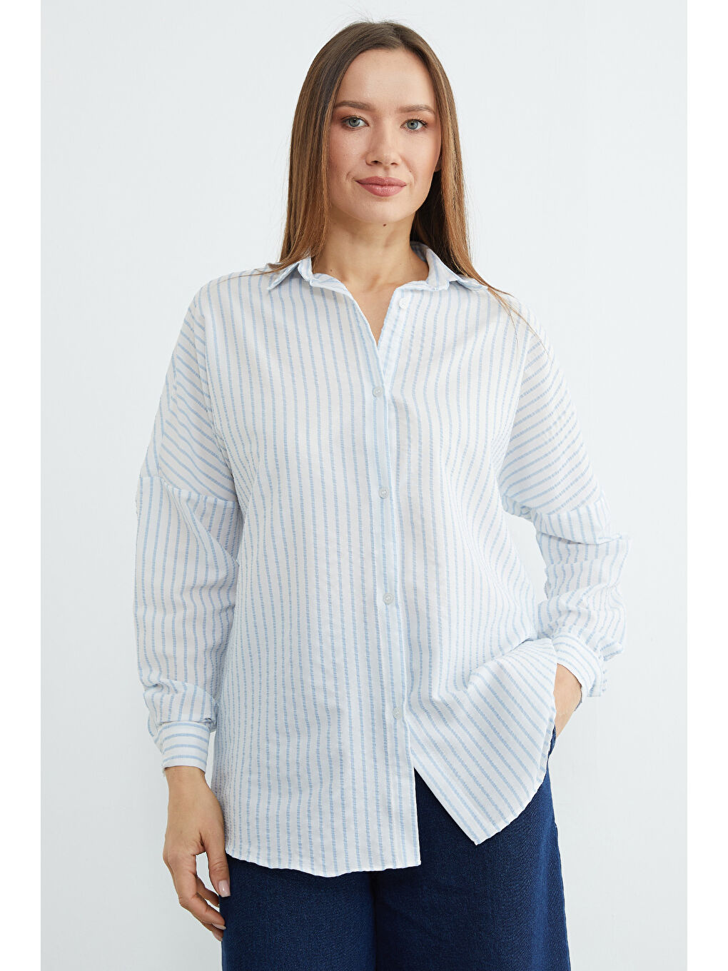Mavi Çizgili Oversize Gömlek-2