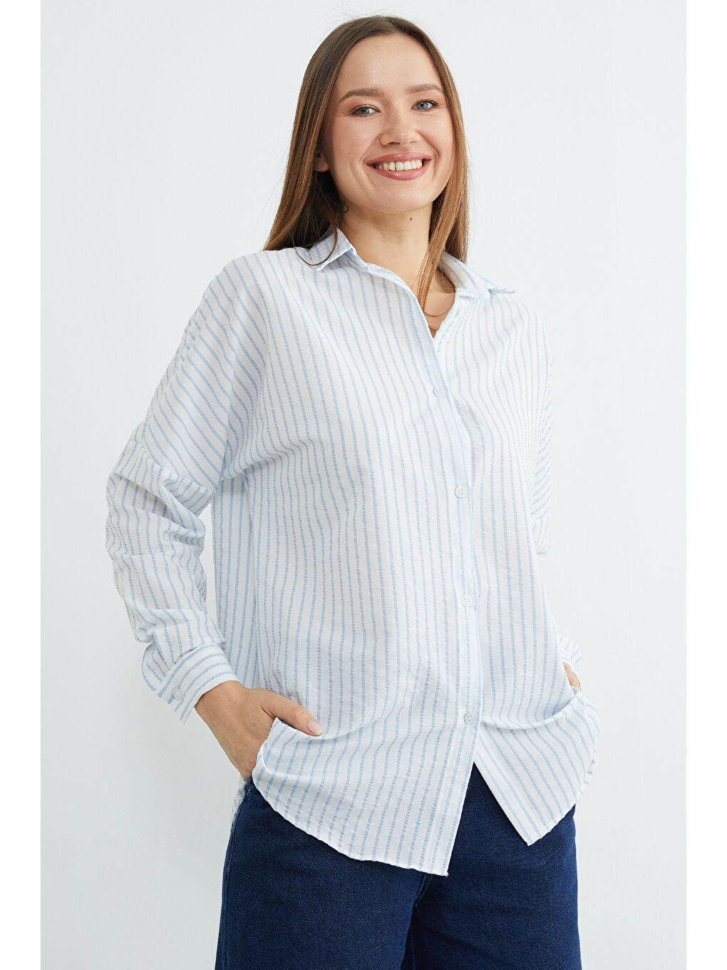 Mavi Çizgili Oversize Gömlek-3