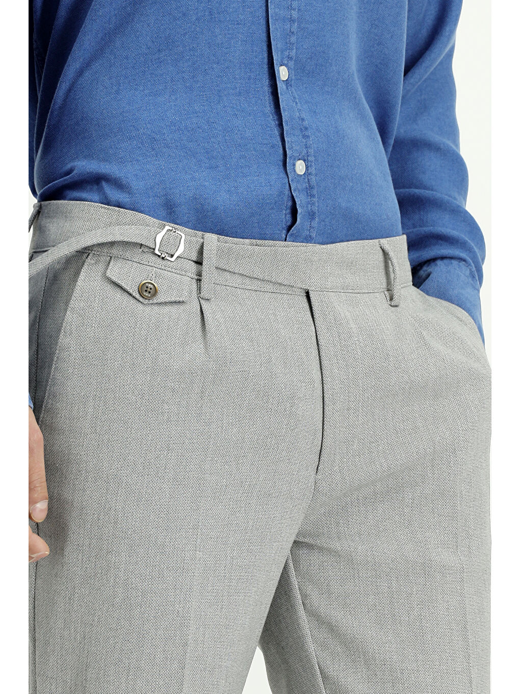 Gri Slim Fit Dar Kesim Elastanlı Desenli Tokalı Pileli Klasik Kumaş Pantolon-4