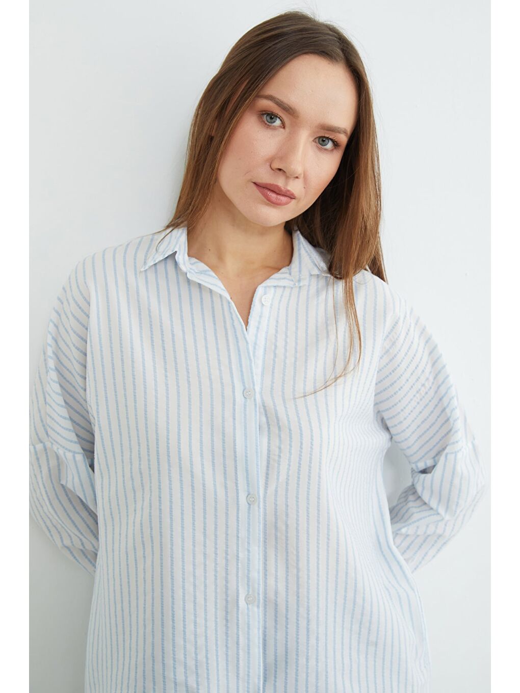 Mavi Çizgili Oversize Gömlek-4